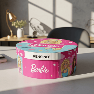 Boîte en papier circulaire rose avec illustration de Barbie, adaptée pour l'emballage cadeau ou de vente au détail, design personnalisé disponible