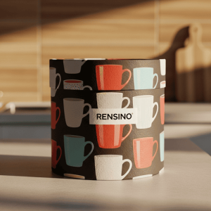 Tube en papier noir avec motif de tasse colorée, adapté pour un emballage cadeau ou de vente au détail, personnalisable avec logo
