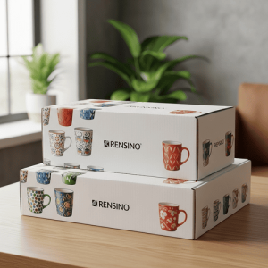 White Gift Box with Colorful Mug Pattern, Suitable for Retail or Gift Packaging, Customizable Design