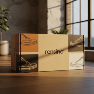 Beige und braune Papierbox mit Schuhillustration, geeignet für Geschenk- oder Einzelhandelsverpackungen, benutzerdefiniertes Design verfügbar