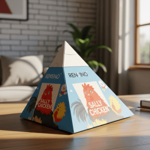 Blue Pyramid Paper Box with Chicken Illustration, Suitable for Gift or Retail Packaging, Custom Design Available