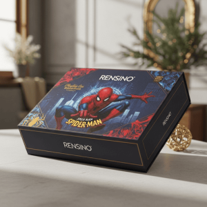 Boîte en papier noire avec graphique de Spider-Man, adaptée pour l'emballage de cadeaux ou de vente au détail, design personnalisé disponible