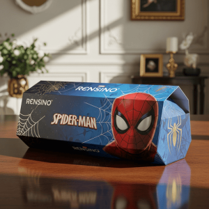 Scatola di esposizione in carta blu con motivo di Spider-Man, adatta per esposizione regalo o al dettaglio, personalizzabile dalla fabbrica