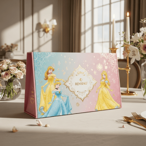 Boîte cadeau rose et bleue avec illustration de princesse, adaptée à l'emballage cosmétique ou de vente au détail, design personnalisé disponible