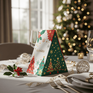 Scatola Regalo di Carta Triangolare con Motivo Albero di Natale, Adatta per Imballaggio Festivo, Design Personalizzato Disponibile