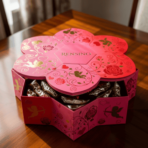Scatola regalo a forma di cuore rosa con motivo oro e rosa, adatta per matrimoni o occasioni speciali, certificata in fabbrica per design personalizzato