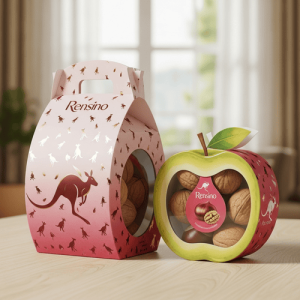 Boîte Cadeau en Papier Rose avec Forme de Pomme et Motif de Cerf, Convient pour la Vente au Détail ou l'Emballage de Cadeaux