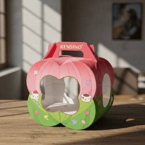 Boîte cadeau en papier rose et verte avec design d'animaux de dessin animé, adaptée aux cadeaux pour enfants et à l'affichage en magasin, fabriquée avec des matériaux de haute qualité et des options de personnalisation