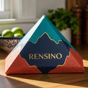 Caixa de Papel Triangular com Logotipo Rensino, Design Colorido, Adequada para Embalagem de Presentes ou Varejo
