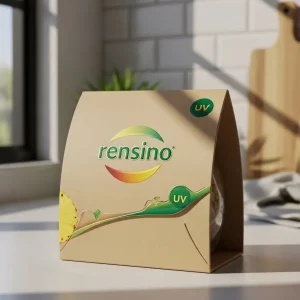 Beiger Papiergeschenkbox mit Rensino-Logo und UV-Druck, geeignet für Geschenk- oder Einzelhandelsverpackungen