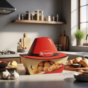 Caja de regalo de papel roja con logo Rensino y tapa en forma de sombrero, adecuada para empaques de alimentos