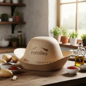 Beigefarbene Papier-Hut-förmige Geschenkbox mit Rensino-Logo, geeignet für kreative Verpackungen und maßgeschneiderte Designs