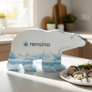 Boîte cadeau en papier blanche en forme d'animal avec logo Rensino, adaptée pour un emballage de vente au détail ou d'exposition