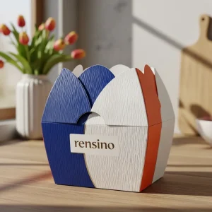 Caixa de presente de papel em forma de coração colorido com logo Rensino, adequada para embalagens de varejo ou presente