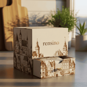 Caja de regalo de papel color crema con ilustración de castillo, adecuada para joyas/cosméticos/regalos, diseño personalizado disponible