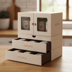Caja de almacenamiento de papel color crema con ventanas transparentes y cajones, adecuada para empaques de venta al por menor o regalos, personalizable con logo