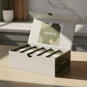 White Gift Box with Green Interior and Rensino Logo, Suitable for Retail and Gift Packaging