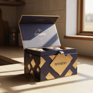 Blaue Geschenkbox mit geometrischem Muster, geeignet für Schmuck- oder Kosmetikverpackungen, individuelles Design verfügbar