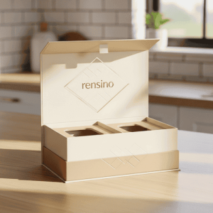 Caja de regalo de papel crema y rosa claro con patrón en relieve, adecuada para regalos, cosméticos o embalaje minorista, personalizable con logo