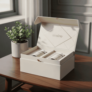 Boîte cadeau en papier rigide blanc avec motif géométrique doré, adaptée pour l'emballage de bijoux ou cosmétiques, personnalisable avec logo