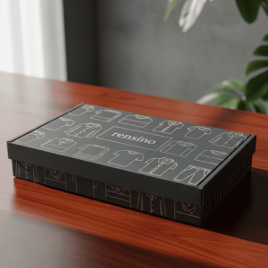 Boîte cadeau en papier noire avec motif de vêtements, design personnalisé disponible