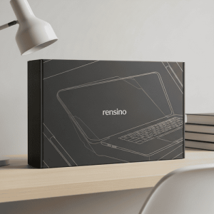 Boîte d'emballage en papier noire avec illustration d'ordinateur portable, adaptée pour un usage cadeau ou de vente au détail, personnalisable pour le branding
