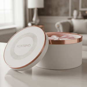 Boîte en papier ronde blanche avec couvercle en or rose, adaptée pour l'emballage de cadeaux et de détail, personnalisable par notre usine automatisée