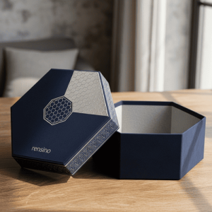 Blue Hexagonal Paper Box with Geometric Pattern, Suitable for Gift or Retail Packaging, Custom Design Available