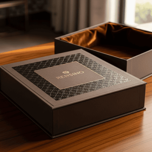 Schwarze starre Papierbox mit goldfarbener Folieninnenseite, geeignet für Geschenke, Schmuck oder Kosmetikverpackung, anpassbar mit Logo