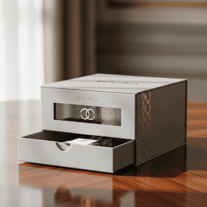 Boîte en papier rigide blanche avec fenêtre transparente et motif floral doré, adaptée pour l'emballage de cadeaux ou de cosmétiques, personnalisable avec logo