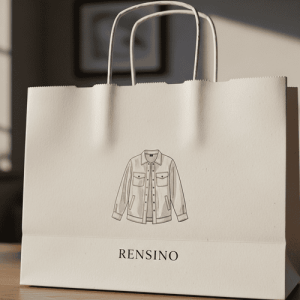 Sac-cadeau en papier blanc avec poignées en cuir et illustration de veste imprimée, adapté pour l'emballage de détail et de cadeaux