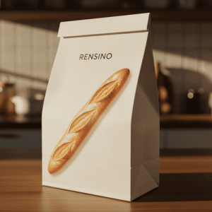 Sac en papier blanc avec illustration de pain, adapté pour l'emballage de boulangerie ou de cadeaux, design personnalisé disponible