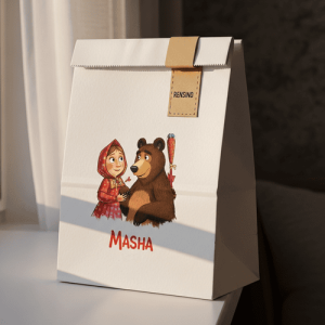 Sac en papier blanc pour cadeaux avec illustration d'ours et d'enfant, design personnalisé disponible