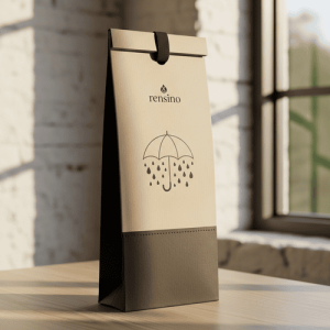 Bolsa de papel beige con ilustración de paraguas, adecuada para venta al por menor y embalaje de regalos, fábrica con capacidades avanzadas de I+D