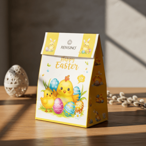 Scatola regalo in carta colorata con motivo di coniglio di Pasqua e uovo, adatta per imballaggio di regali per le festività, design personalizzato disponibile