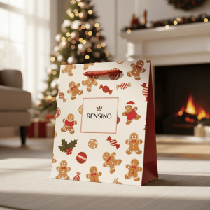White Gift Bag with Gingerbread Pattern, Suitable for Holiday Gift Packaging, Customizable with Logo