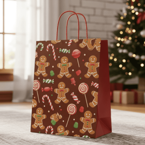 Bolsa de regalo de papel roja con patrón de galletas navideñas, diseño personalizado disponible