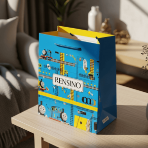 Sacchetto regalo di carta blu con design di Thomas the Tank Engine, adatto per imballaggi al dettaglio e regali