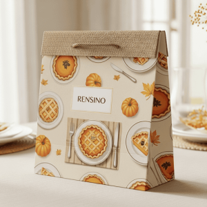 Sacchetto regalo di carta color crema con motivo di zucca e torta, adatto per imballaggio regalo e vendita al dettaglio