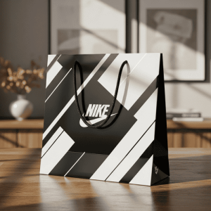 Bolsa de papel geométrica en blanco y negro con asas, adecuada para empaques de venta al por menor y regalo, diseño personalizado disponible