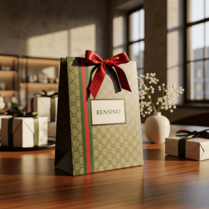Bolsa de regalo beige con cinta y logotipo, adecuada para empaques minoristas y de regalo, personalizable por nuestra fábrica automatizada