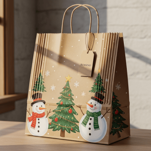 Sacchetto di carta a tema natalizio con stampa di pupazzo di neve e albero, design personalizzato disponibile