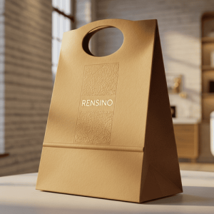 Bolsa de regalo de papel kraft con asa y logo en relieve, adecuada para embalaje al por menor y de regalo