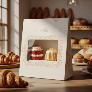 White Gift Box with Clear Window and Elegant Pattern, Suitable for Bakery or Confectionery Packaging