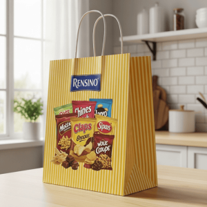 Sac de shopping en papier jaune avec motif rayé, adapté pour un usage de détail et de cadeaux, impression personnalisée disponible