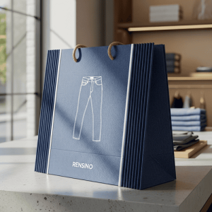 Supporto espositivo in carta blu con manici in corda, adatto per presentazione al retail e regalo, prodotto dalla nostra fabbrica automatizzata