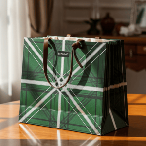 Sacchetto Regalo di Carta Verde con Motivo Geometrico, Design Personalizzato Disponibile