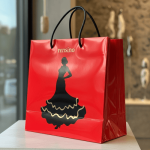 Bolsa de regalo de papel roja con diseño de silueta elegante, personalizable para uso comercial y de regalo