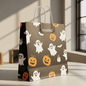 Sac en papier noir avec motif de fantôme et de citrouille d'Halloween, design personnalisé disponible