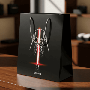 Sac cadeau en papier noir avec logo Rensino, adapté pour le commerce de détail et l'utilisation promotionnelle